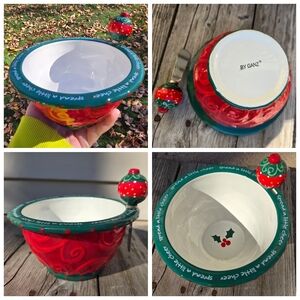 Christmas dip bowl with spreader knife Ganz holly